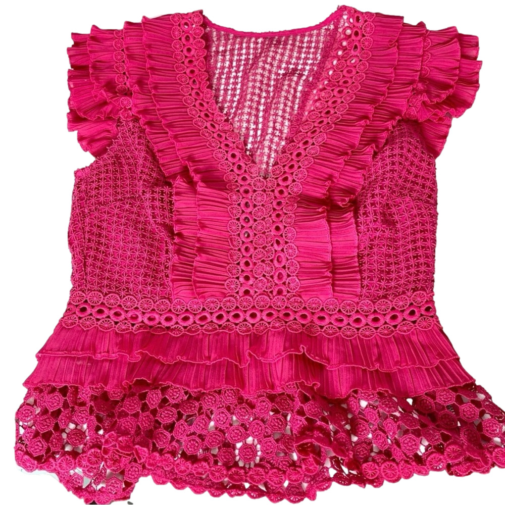 SAYLOR Pink Eyelet Ruffle Peplum Blouse Flutter Sleeve Boho Romantic Statement - Picture 14 of 16